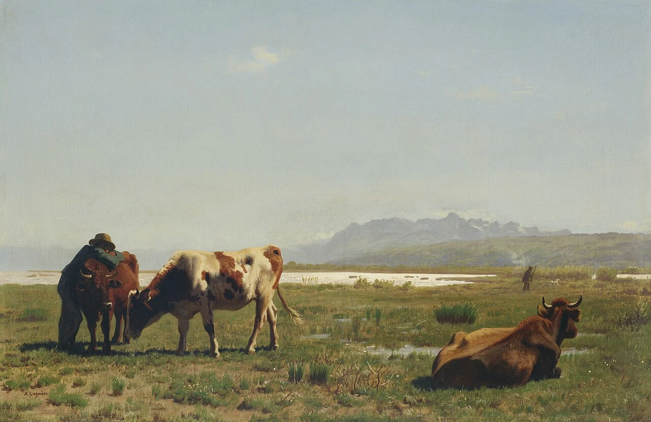 1827-Albert Lugardon - Bestiame in un pascolo in riva al lago